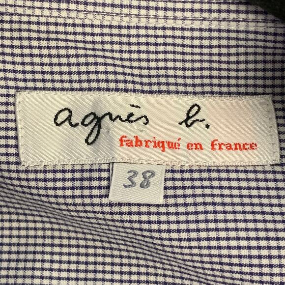 AGNÈS B. Size 38 Navy White Gingham Cotton Button Down Collar Short Sleeve Shirt - Picture 7 of 8
